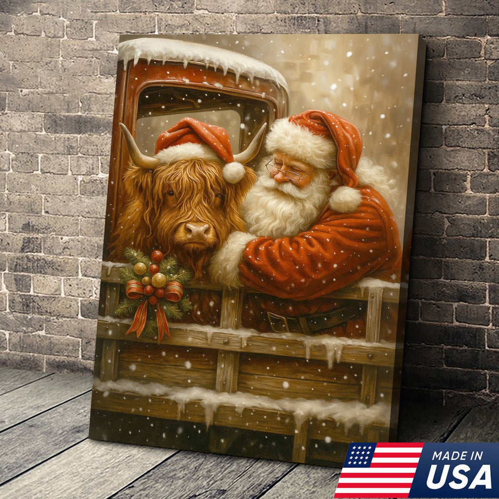 Santa and Highland Cow Christmas Canvas Wall Art, Rustic Farmhouse Holiday Truck Print