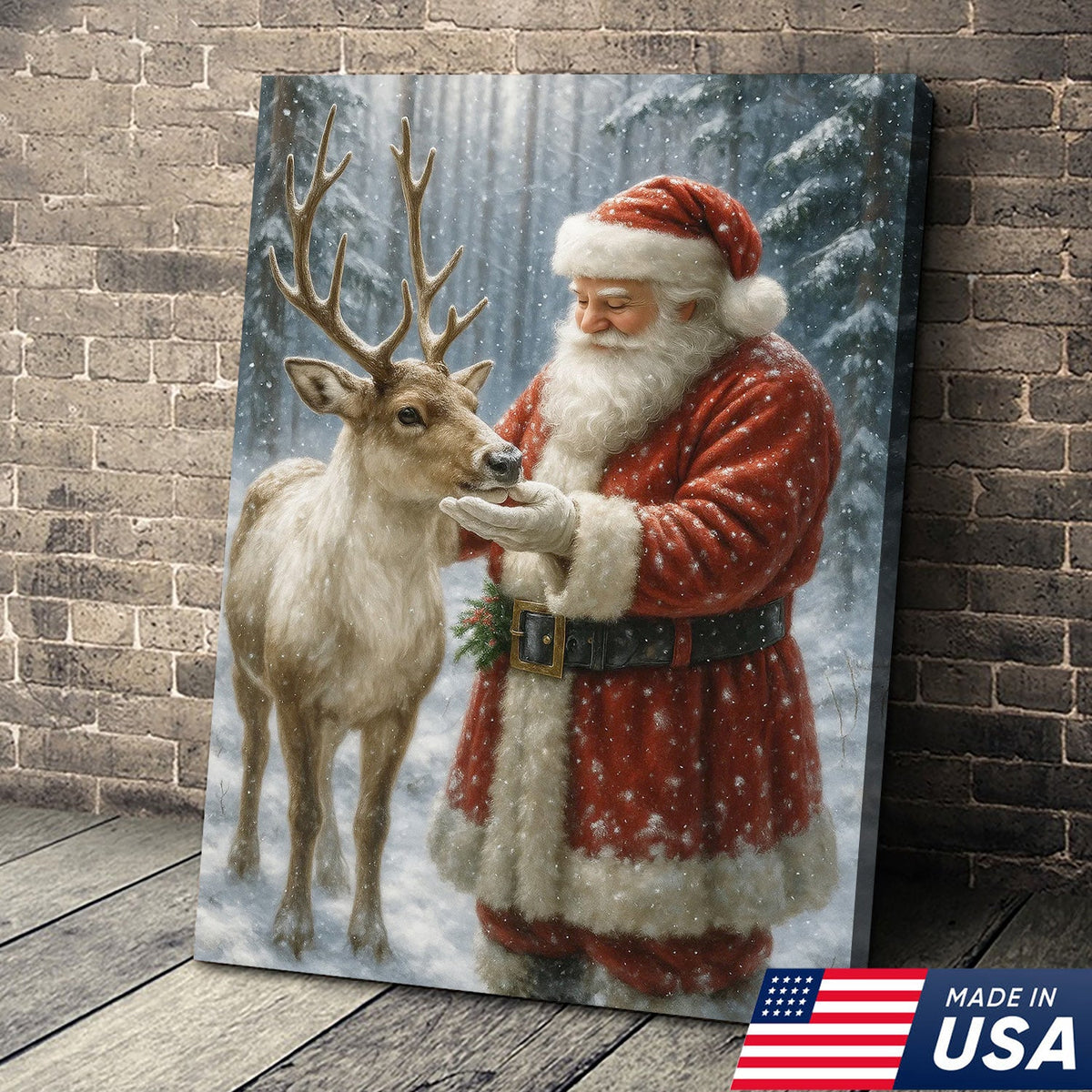 Santa and Reindeer Christmas Canvas Wall Art, Rustic Snowy Forest Holiday Print
