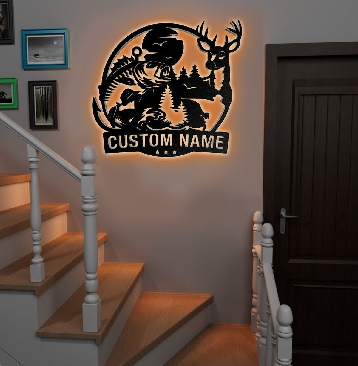 Personalized Deer and Fish Hunting Metal Sign WITH LED/WITHOUT LED, Rustic Cabin Wall Decor
