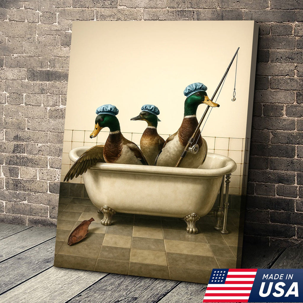 Fishing Ducks Canvas Art – Funny Trio of Ducks in Bathtub with Rod
