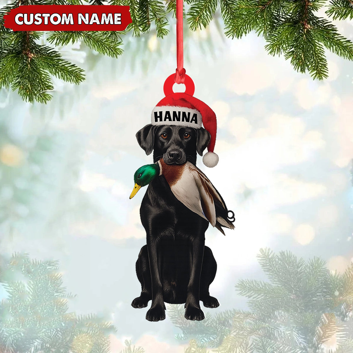 Personalized Hunting Dog Christmas Ornament with Duck – Custom Name Lab Retriever Holiday Decor