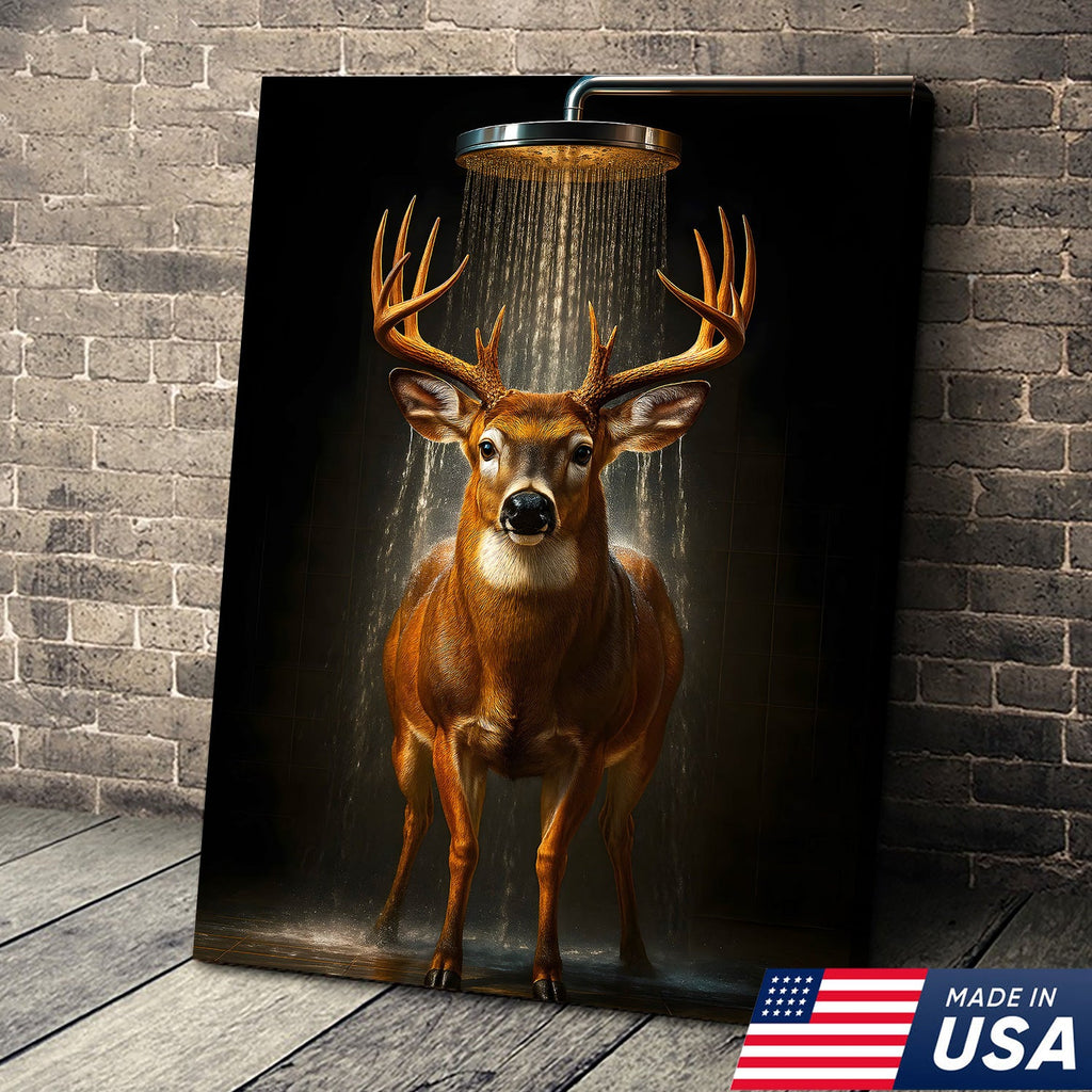 Funny Deer Shower Canvas Wall Art, Whimsical Buck Bathroom Decor