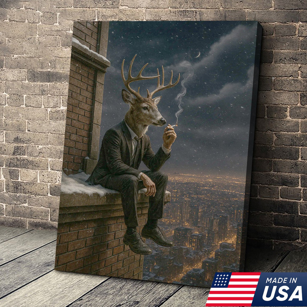 Surreal Deer Man Canvas Wall Art, Anthropomorphic Animal City Night Artwork
