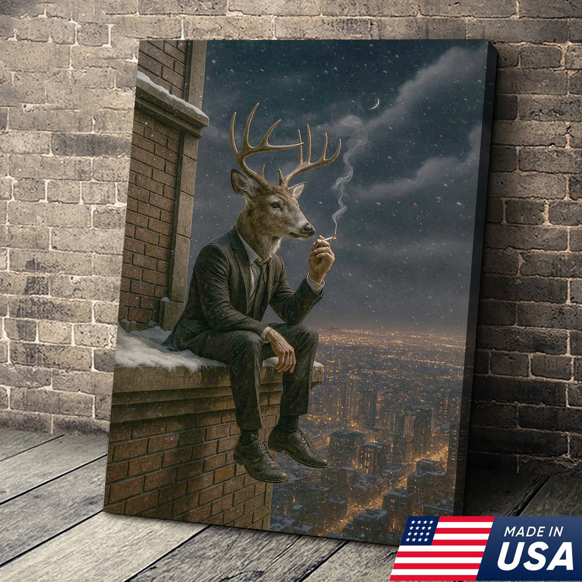 Surreal Deer Man Canvas Wall Art, Anthropomorphic Animal City Night Artwork