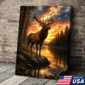 Majestic Elk at Sunset By The Lake Canvas– Wildlife Wall Art for Cabin, Lodge & Nature Lovers