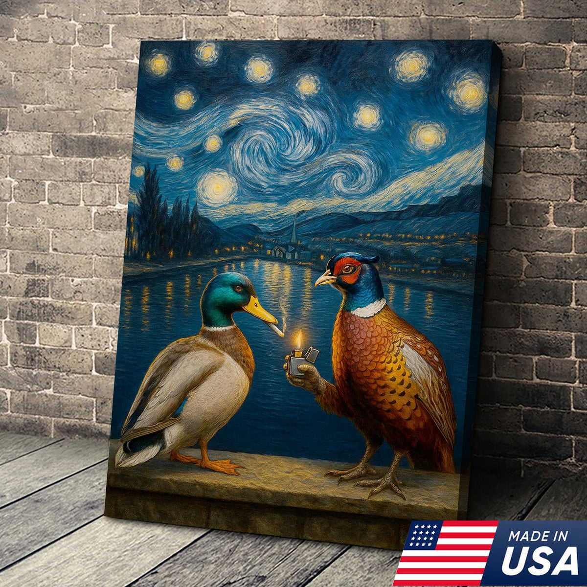 Starry Night Duck and Pheasant Canvas Wall Art, Van Gogh Inspired Wildlife Painting
