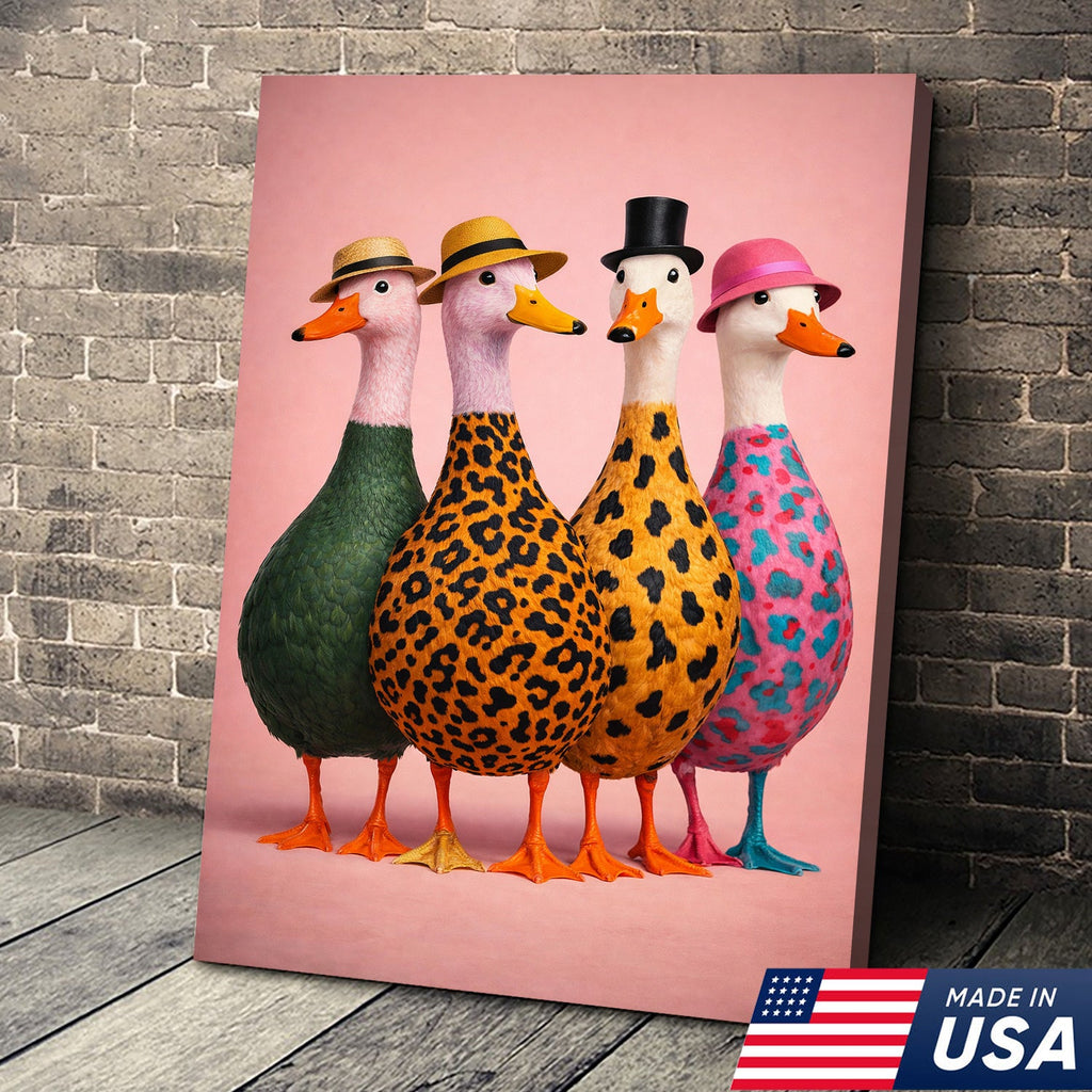 Funny Duck Canvas Wall Art – Colorful Ducks With Hats Painting