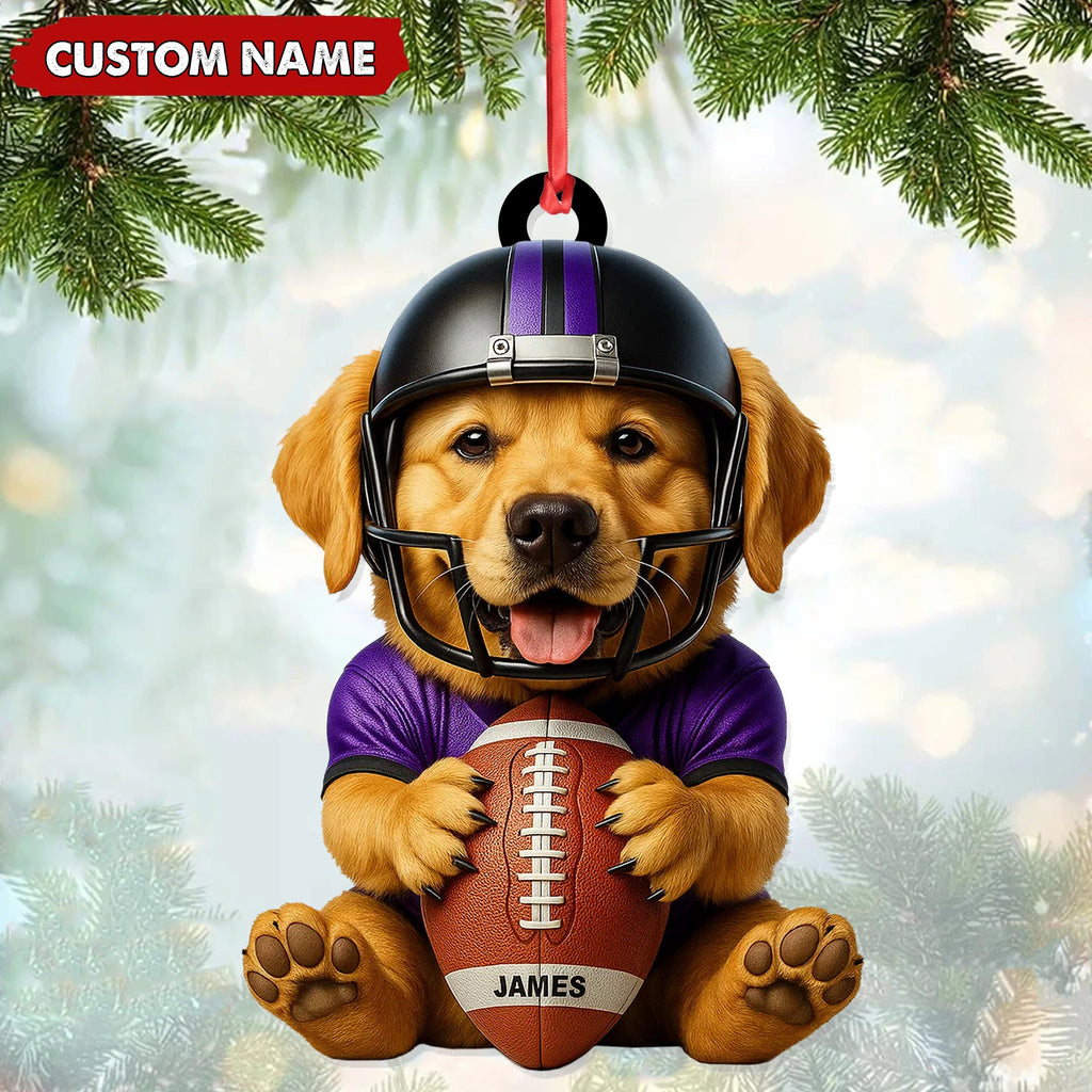 Personalized Football Puppy Christmas Ornament, Custom Name Dog in Helmet Holding Ball, Cute Pet Lover Tree Decoration