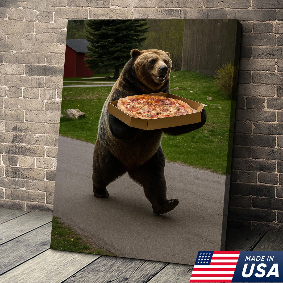 Funny Bear Pizza Canvas Wall Art, Humorous Kitchen Foodie Decor Print