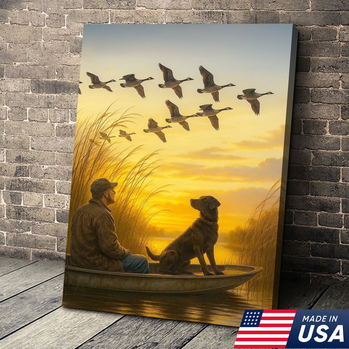 Waterfowl Hunting Wall Art – Duck Flock at Dawn, Hunter & Retriever In Boat, Rustic Decor