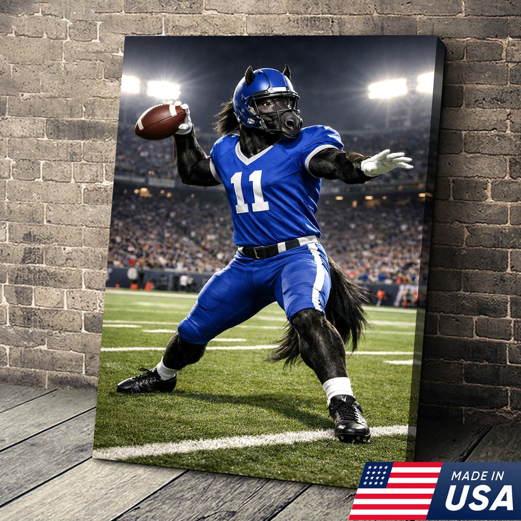 Power Stallion Quarterback Canvas Wall Art – Blue Uniform Horse Athlete Action Print