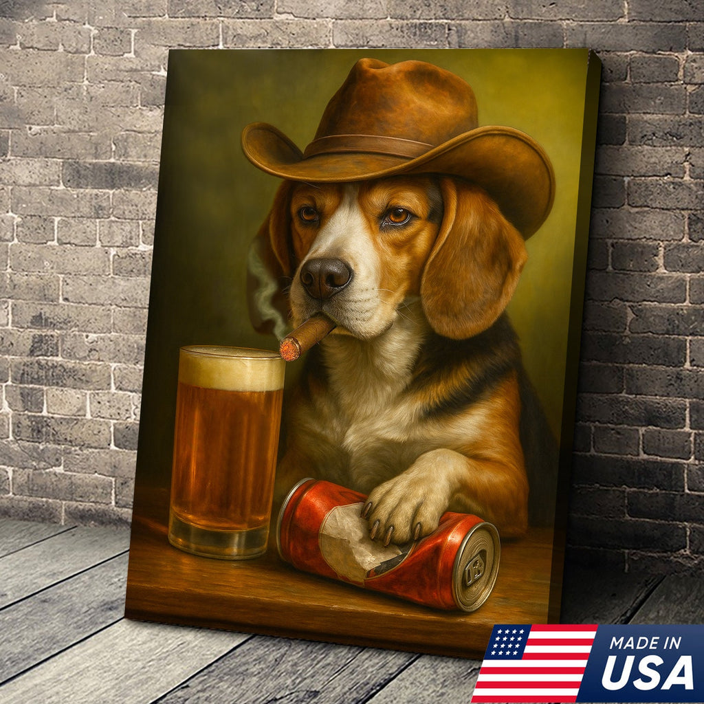 Funny Cowboy Dog Canvas Wall Art - Rustic Bar Wall Art Gift for Hunters, Outdoorsmen & Man Caves