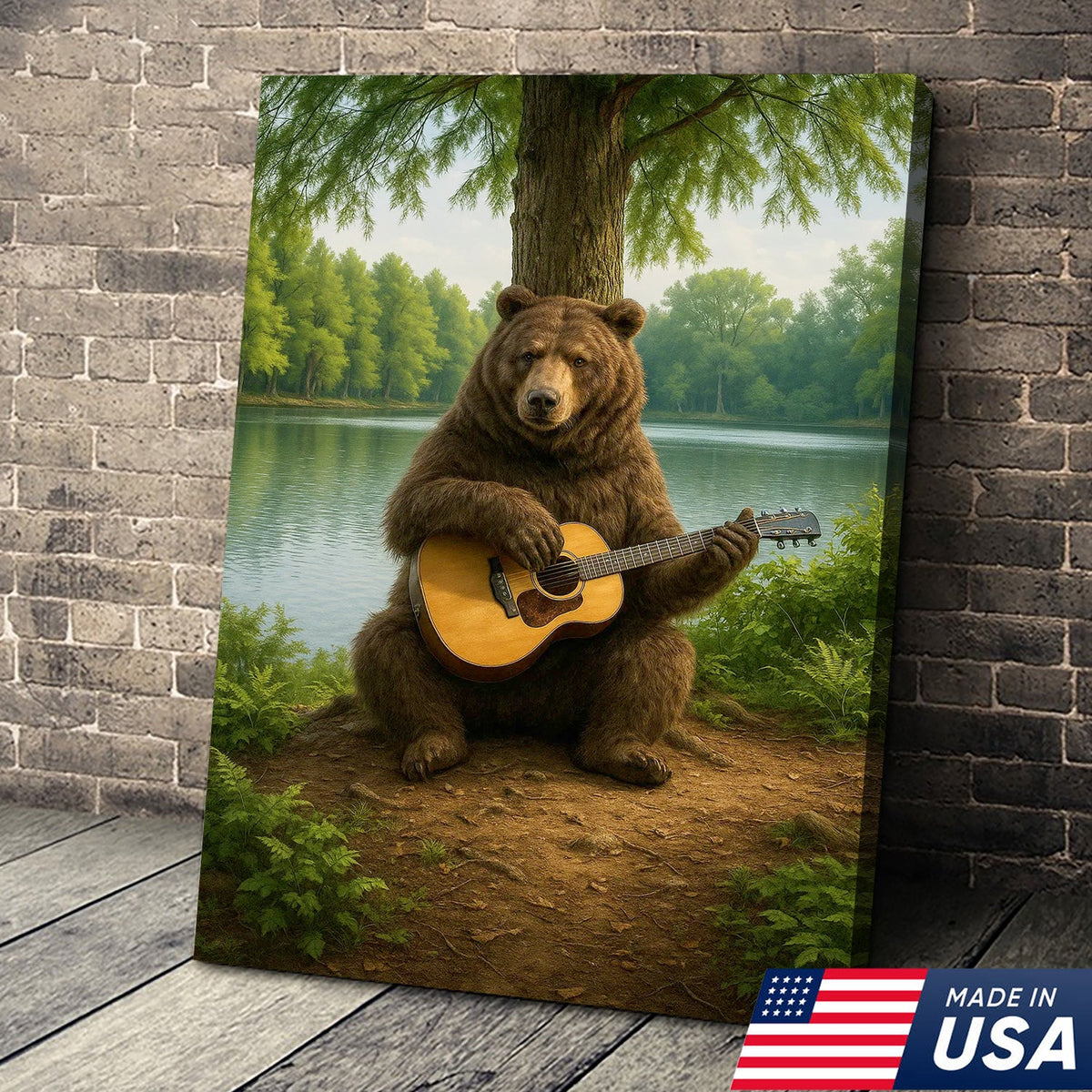 Bear Playing Guitar Canvas Wall Art, Rustic Cabin Lake Decor, Funny Wildlife Music Lover Gift