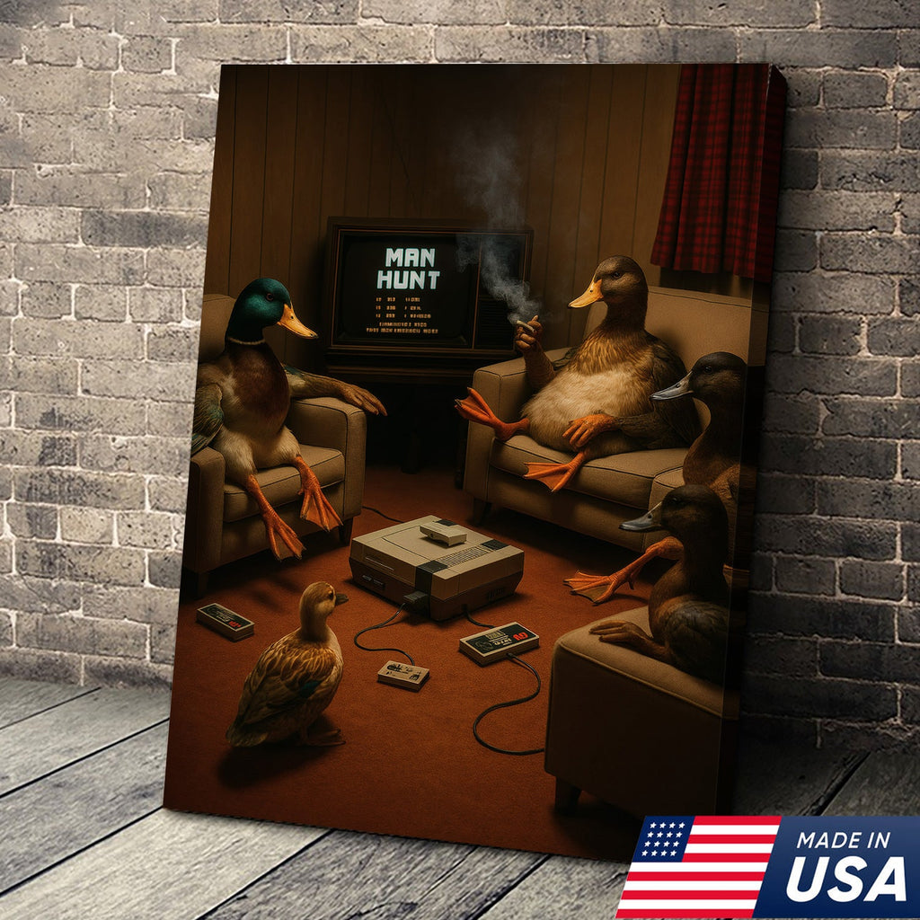 Funny Duck Hunter Retro Canvas Wall Art– Man Hunt Vintage Game Room Wall Art for Hunters
