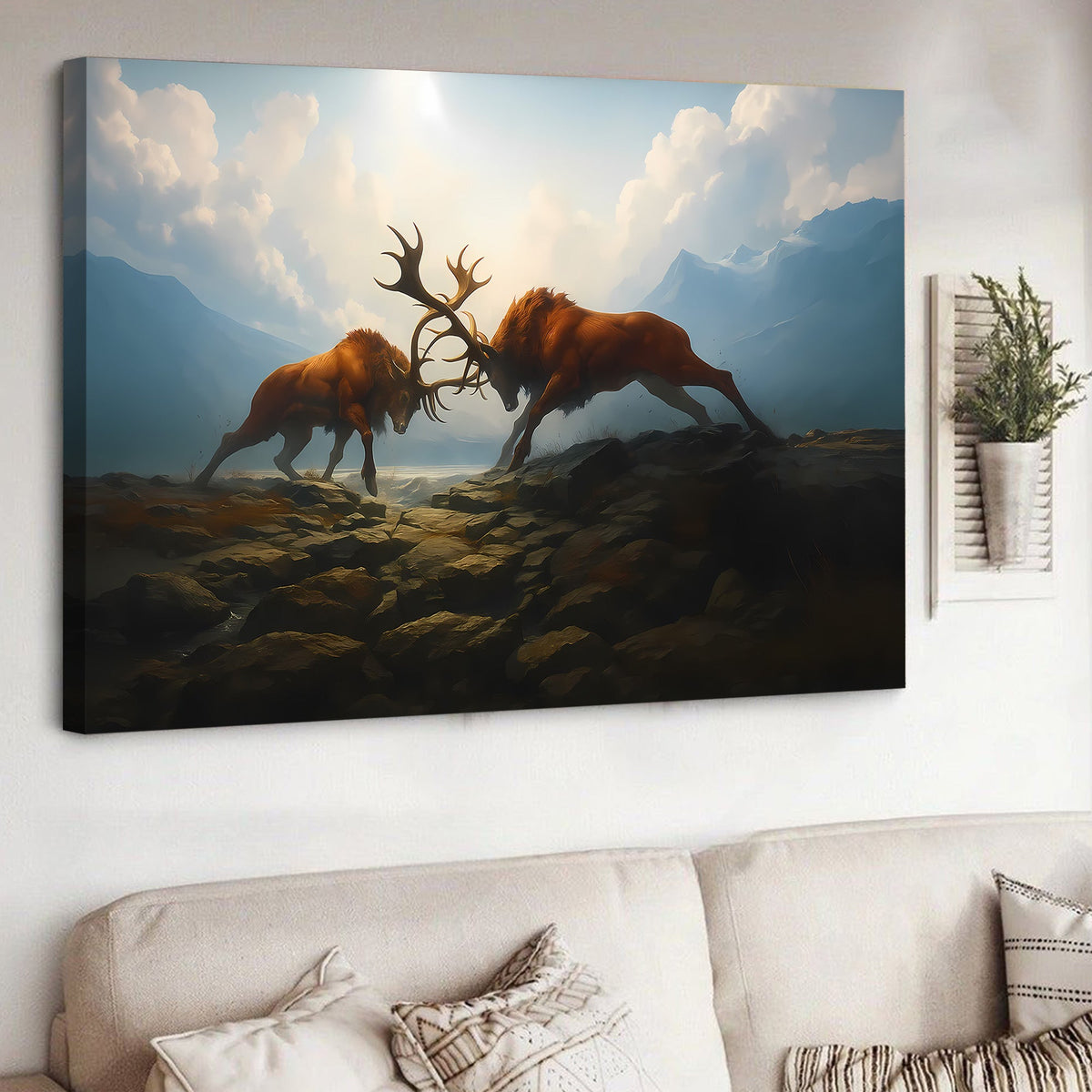 Fighting Stags Canvas Wall Art, Locking Antlers Mountain Scene, Rustic Cabin Hunting Decor