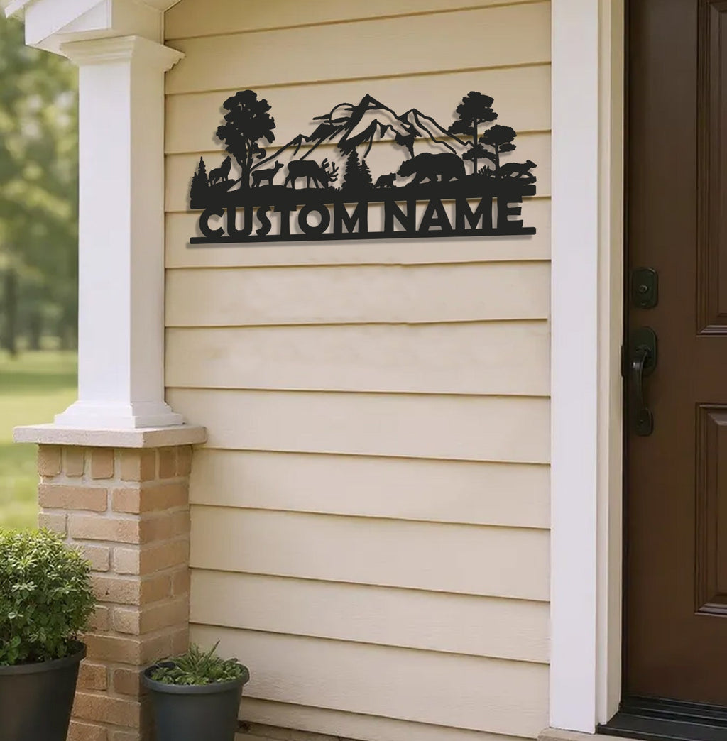 Personalized Wildlife Metal Sign WITH LED/WITHOUT LED - Rustic Cabin Name Sign with Deer & Bear