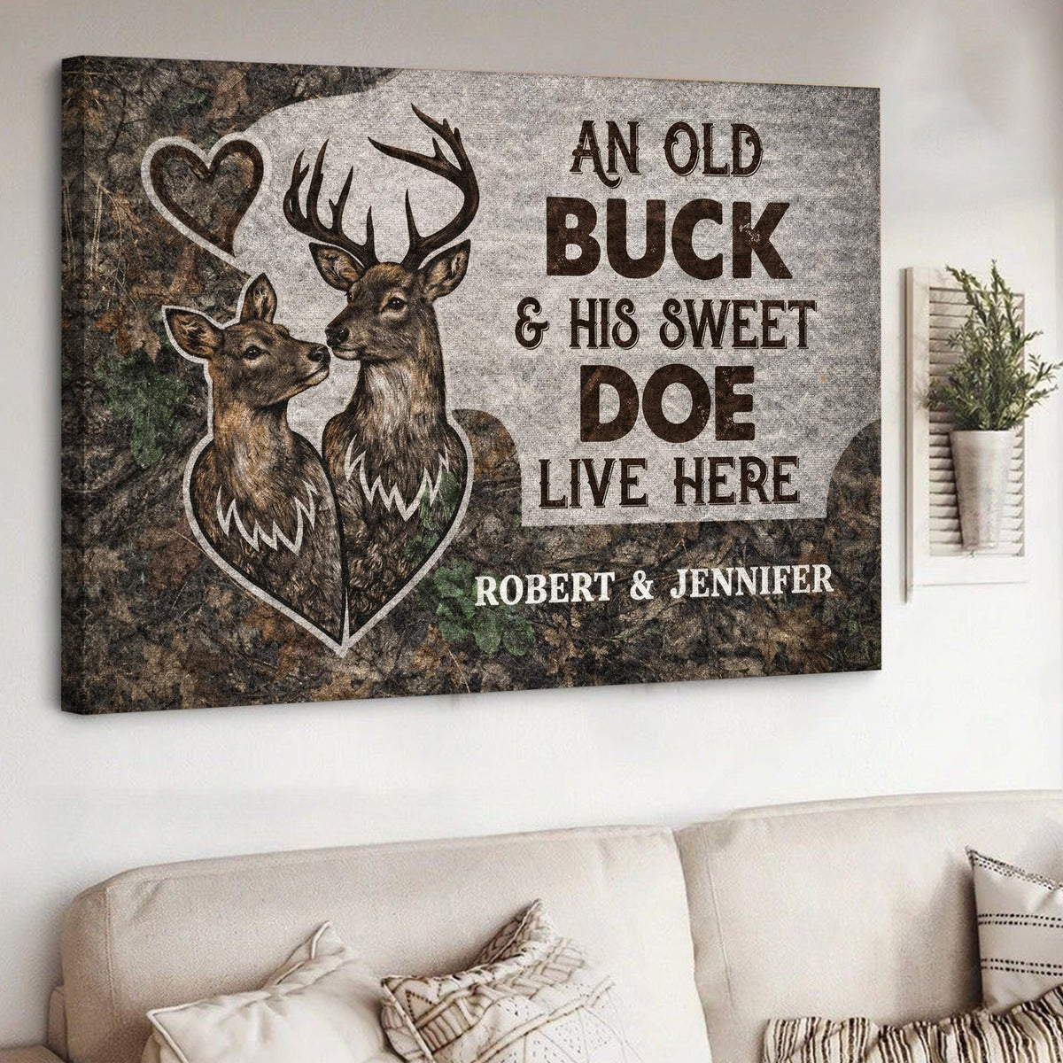 Personalized Old Buck and Sweet Doe Canvas Wall Art, Custom Deer Couple Rustic Woodland Love Decor