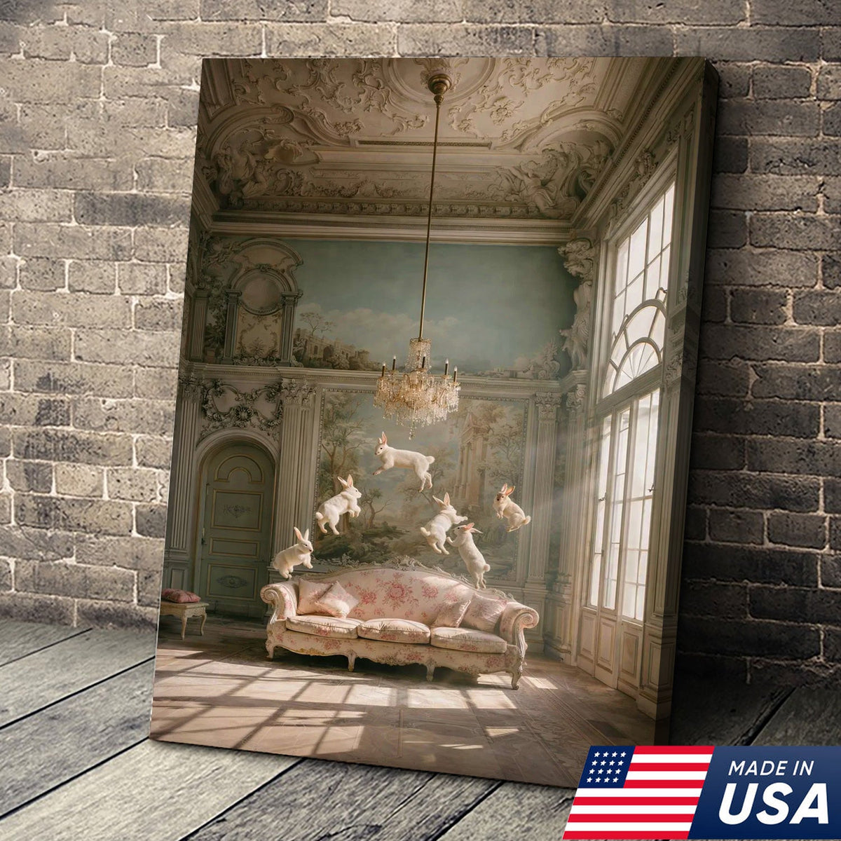 Surreal Floating Rabbits Canvas Wall Art, Dreamy Bunny Dance in Elegant Palace Interior