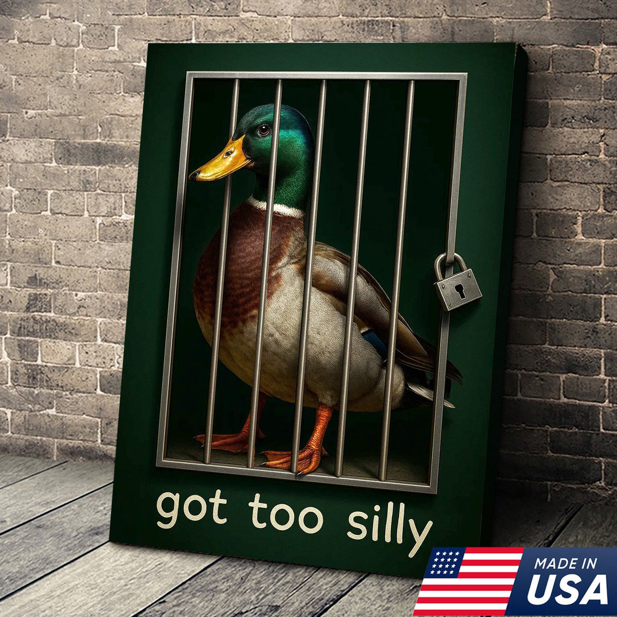 Silly Duck Canvas Wall Art – Funny Mallard Jail Print – Unique Rustic Cabin or Bathroom Decor