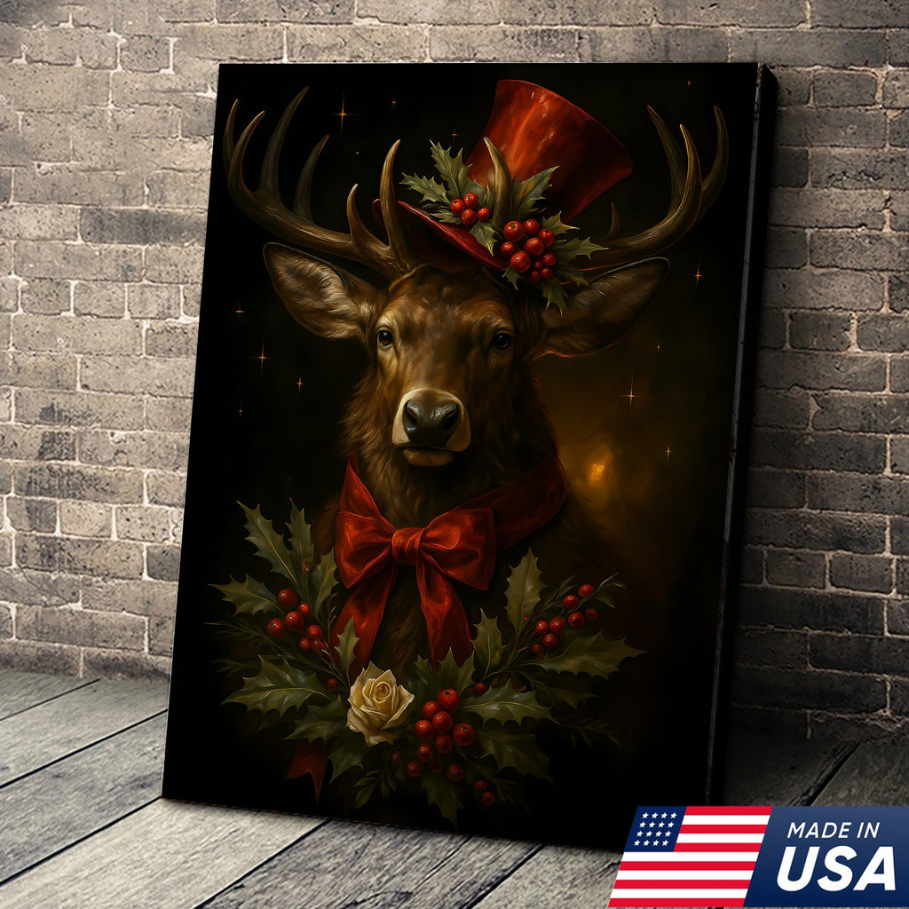 Christmas Deer Canvas Wall Art – Rustic Holiday Decor for Cabin & Lodge