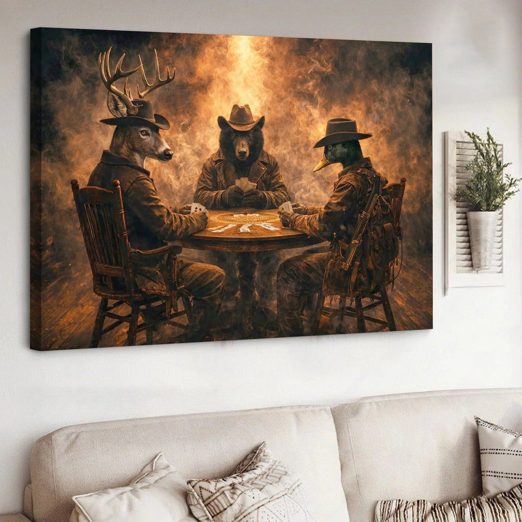 Wild West Animal Poker Canvas Wall Art – Deer, Bear and Duck Cowboy Card Game Print