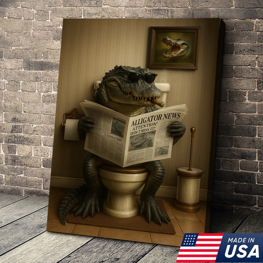 Funny Alligator Bathroom Smoking Canvas Wall Art – Unique Rustic Wildlife Lodge Decor & Gift Idea