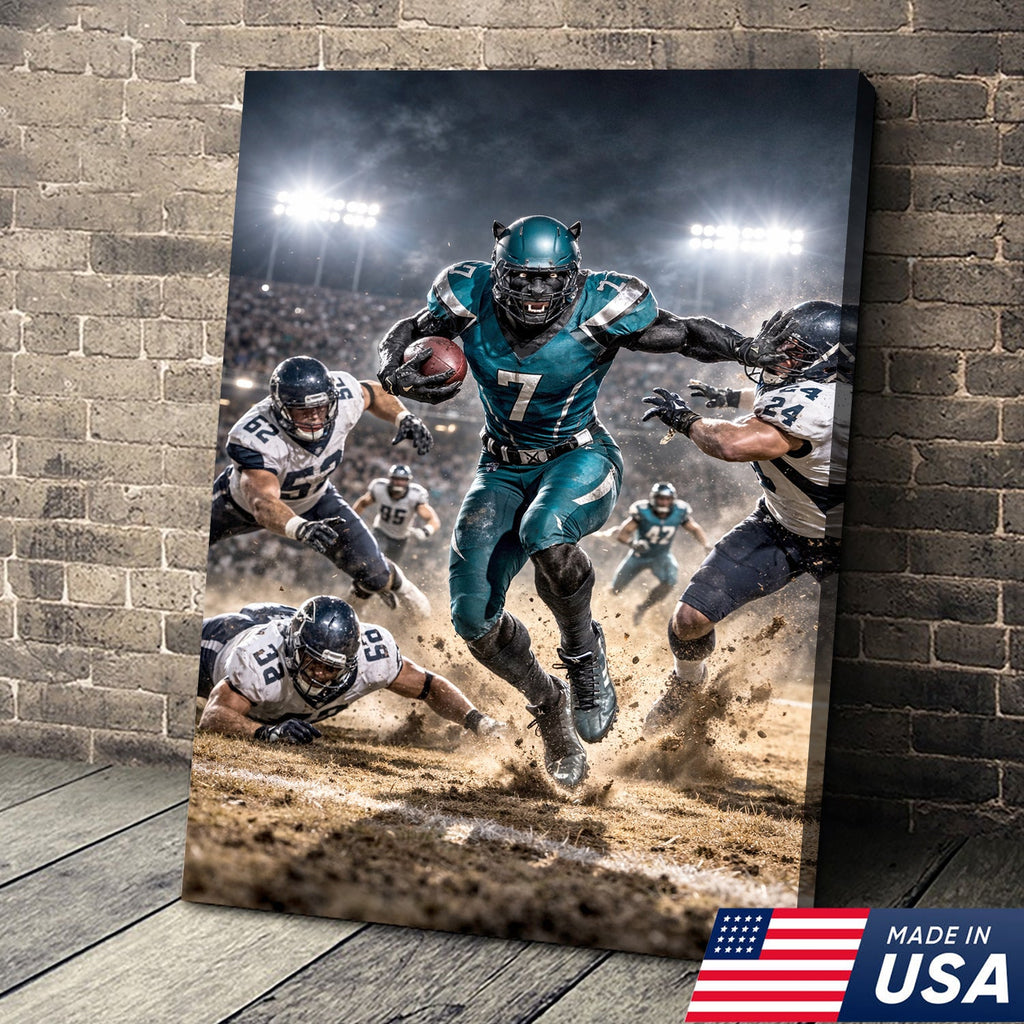 Black Panther Football Canvas Wall Art – Intense Stadium Action Sports Print