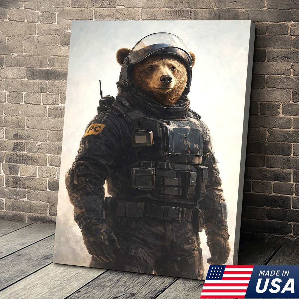 Tactical Bear Soldier Canvas Wall Art – Realistic Military Animal Print