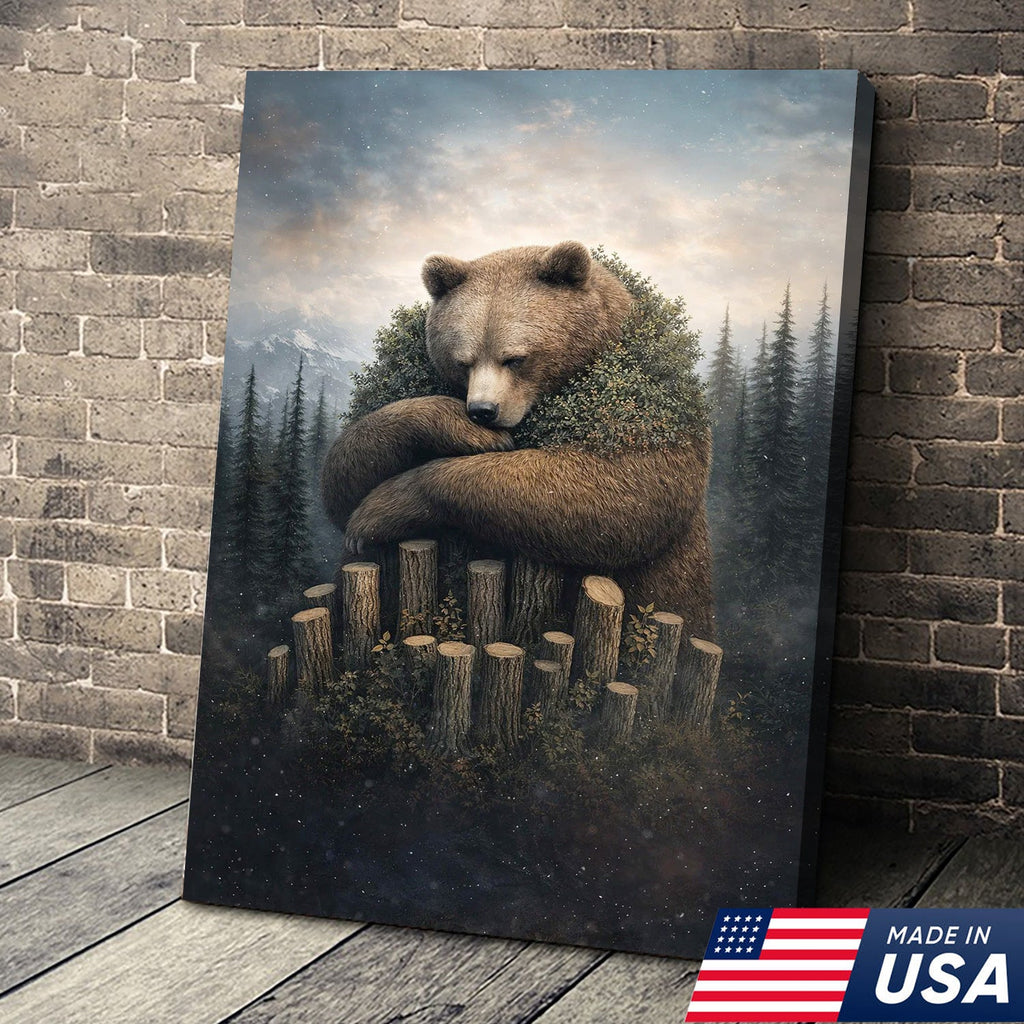 Gentle Bear Forest Canvas Wall Art, Whimsical Nature Bear Illustration