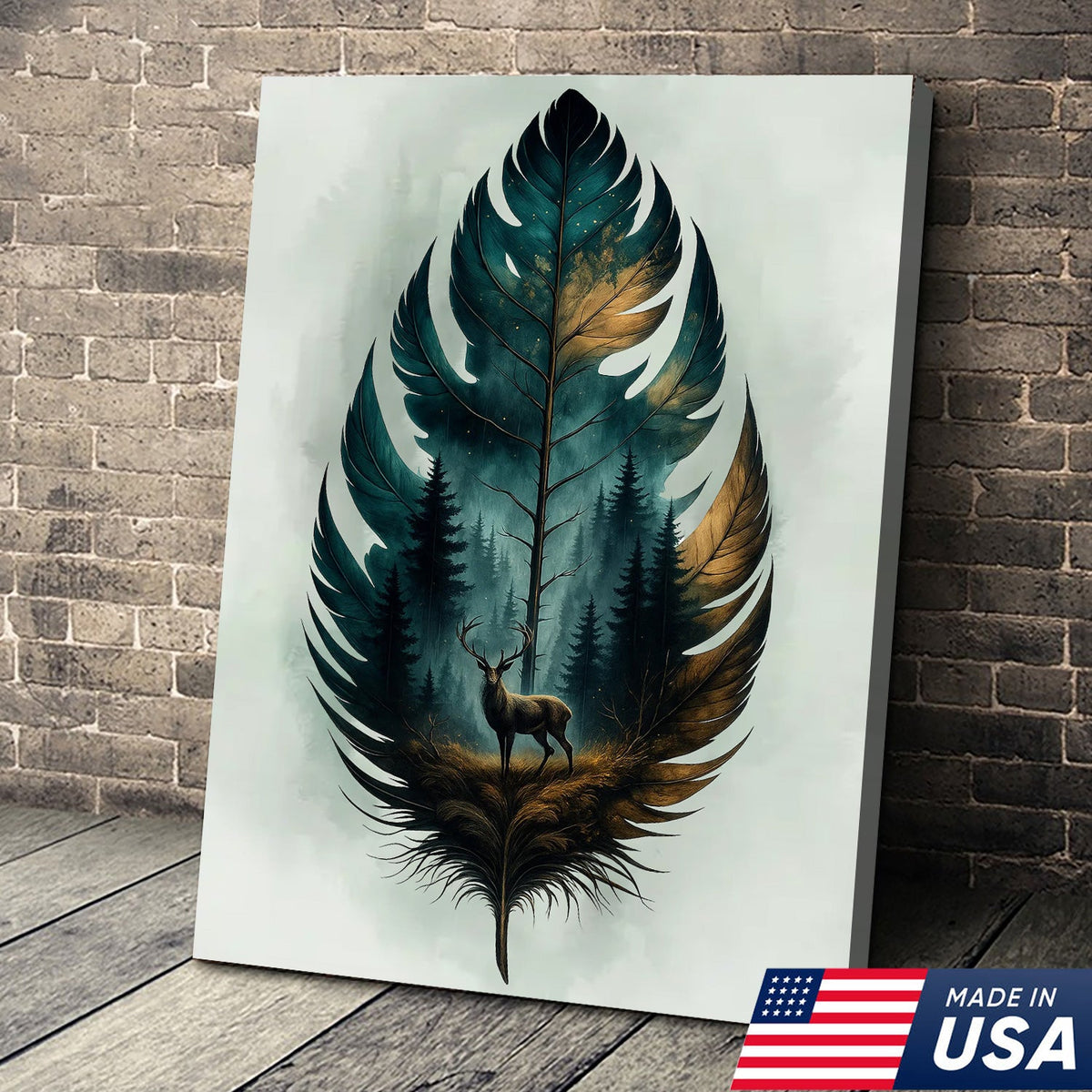 Rustic Deer And Feather Canvas Wall Art – Nature Forest Wildlife Print – Cabin & Lodge Hunting Decor