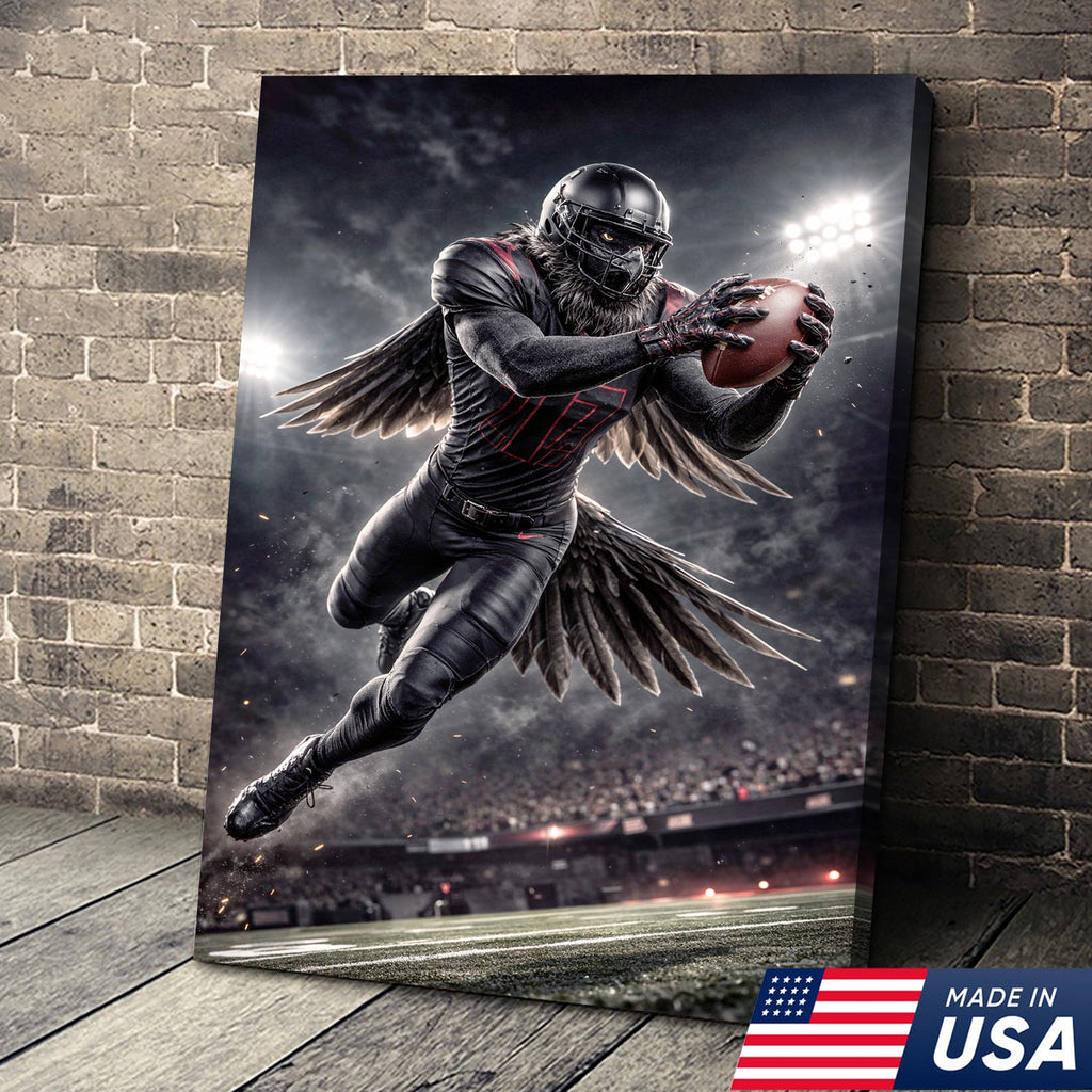 Dark Raven Football Canvas Wall Art – Black Winged Athlete Stadium Action Print