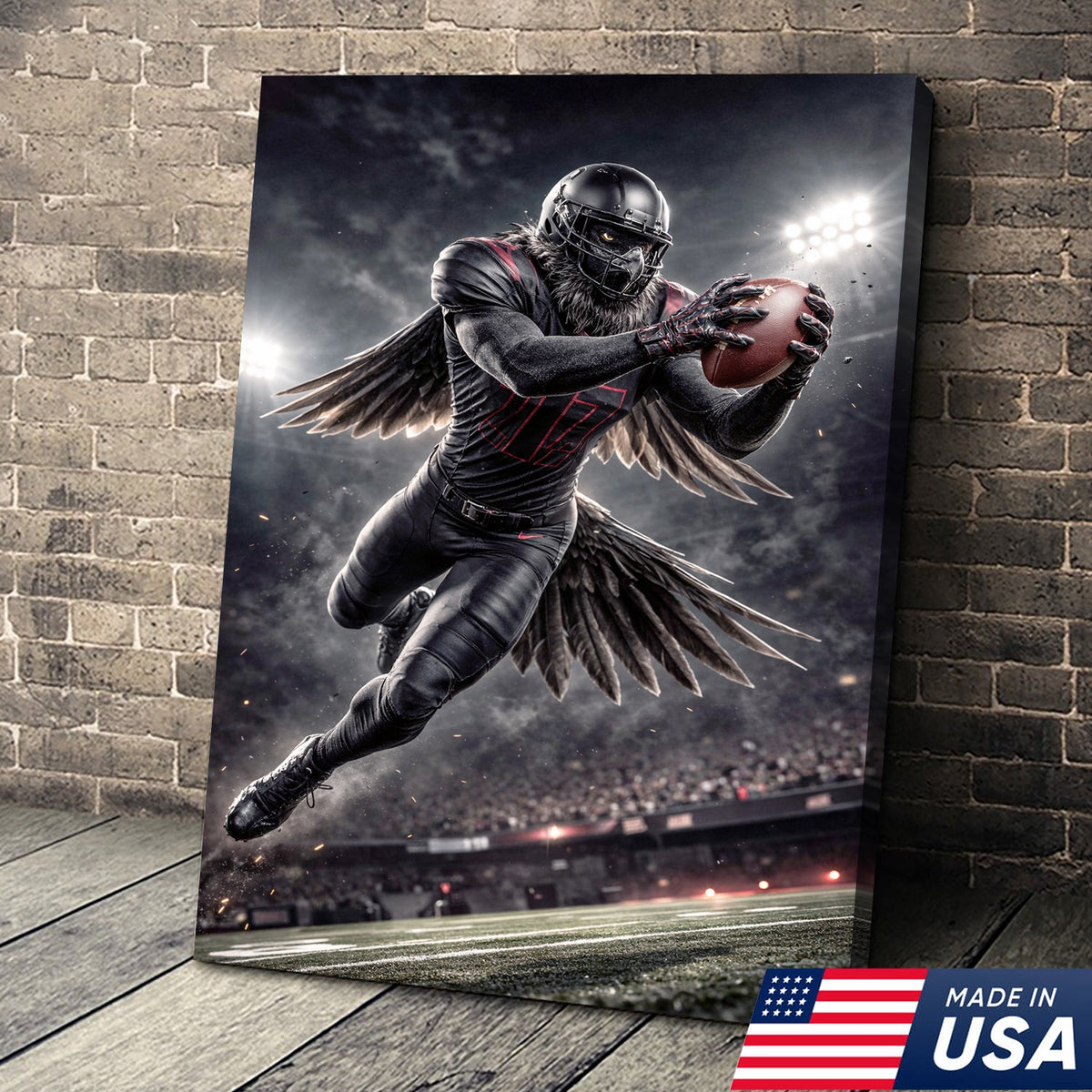 Dark Raven Football Canvas Wall Art – Black Winged Athlete Stadium Action Print