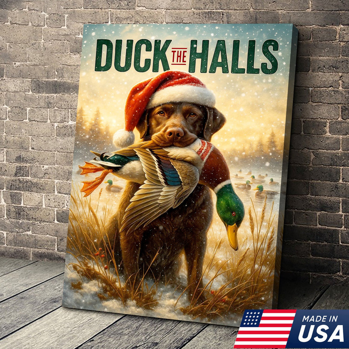 Duck The Halls Christmas Hunting Dog Canvas Art, Funny Holiday Wall Decor for Hunters