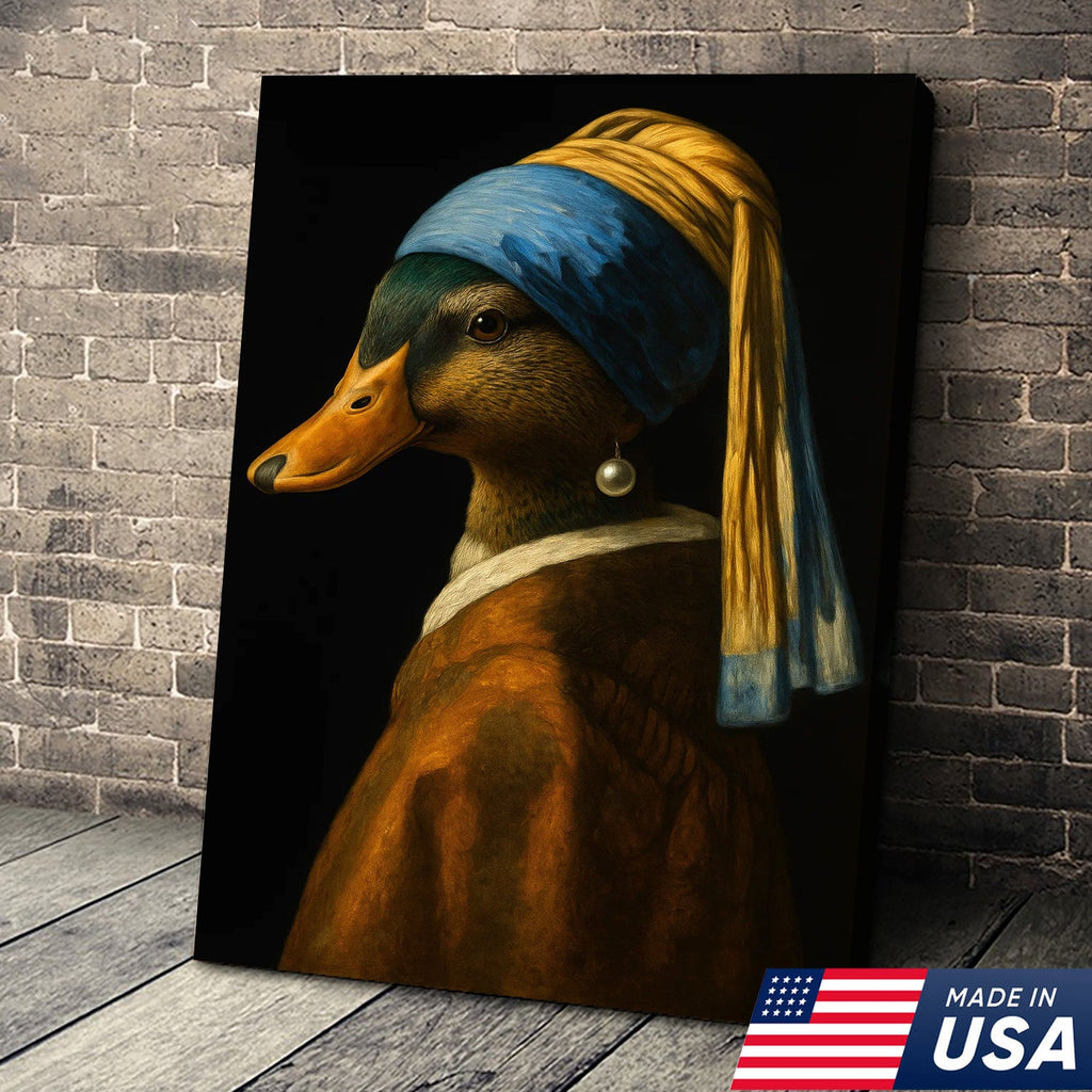 Duck with Pearl Earring Portrait Canvas, Funny Parody Duck Wall Art
