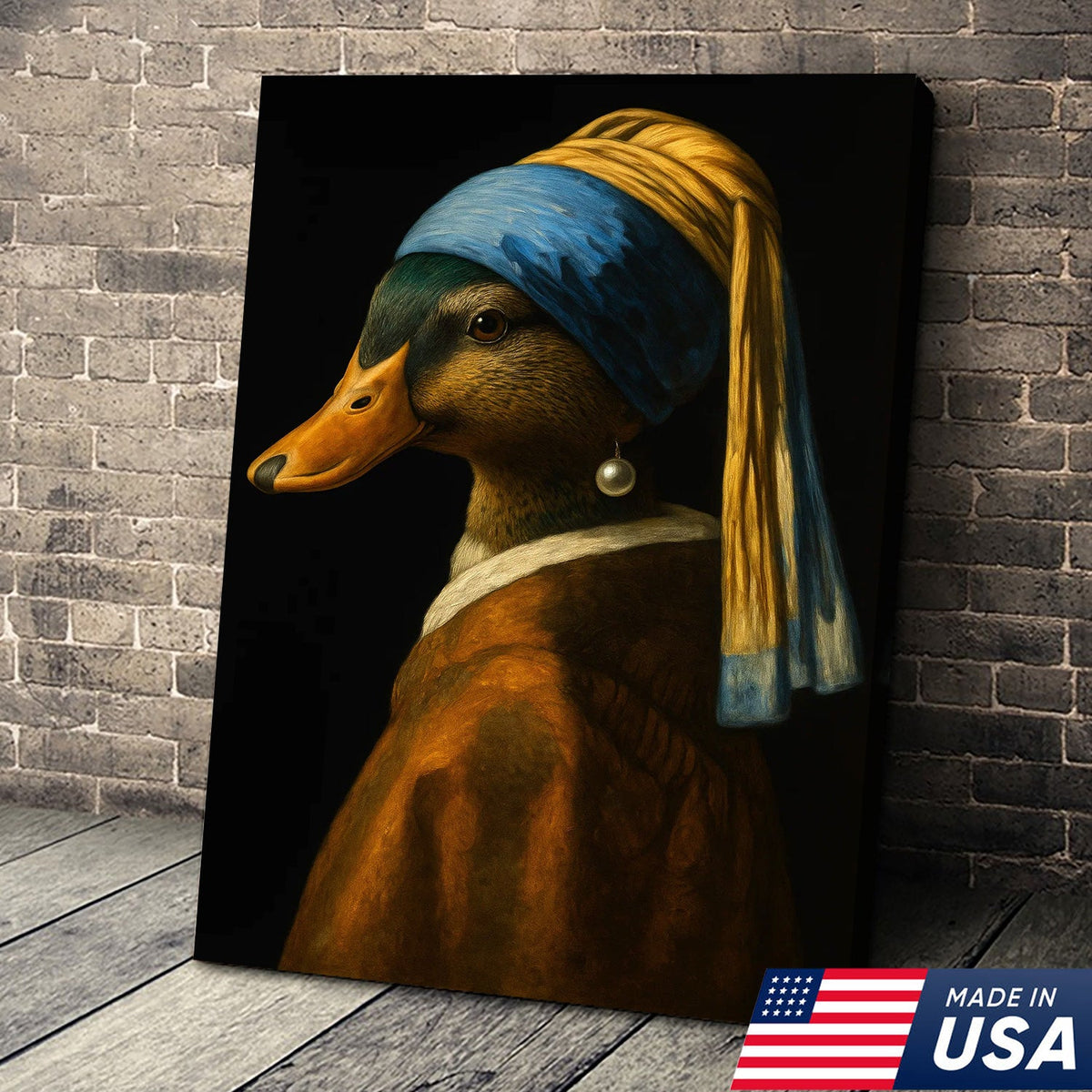 Duck with Pearl Earring Portrait Canvas, Funny Parody Duck Wall Art
