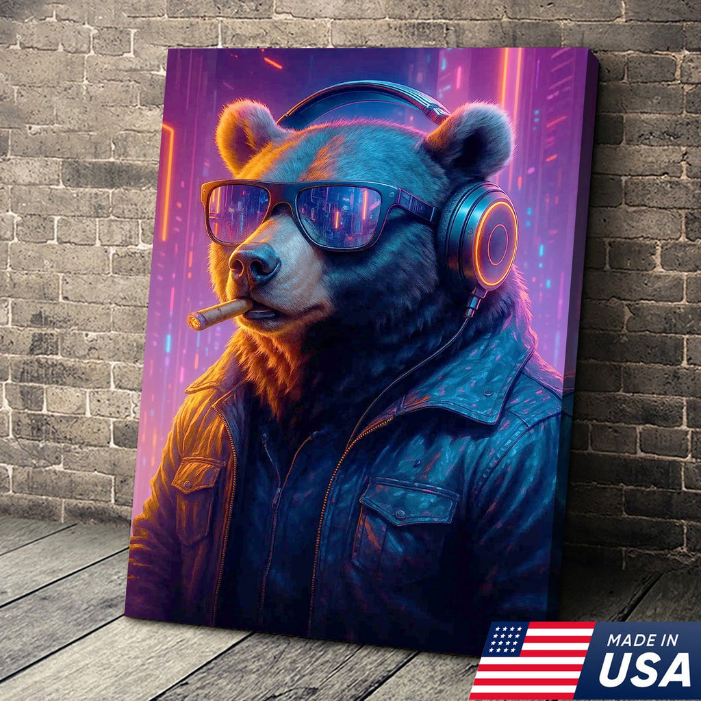 Cyberpunk Bear Wall Art Canvas, Cool DJ Bear with Headphones Neon City Decor