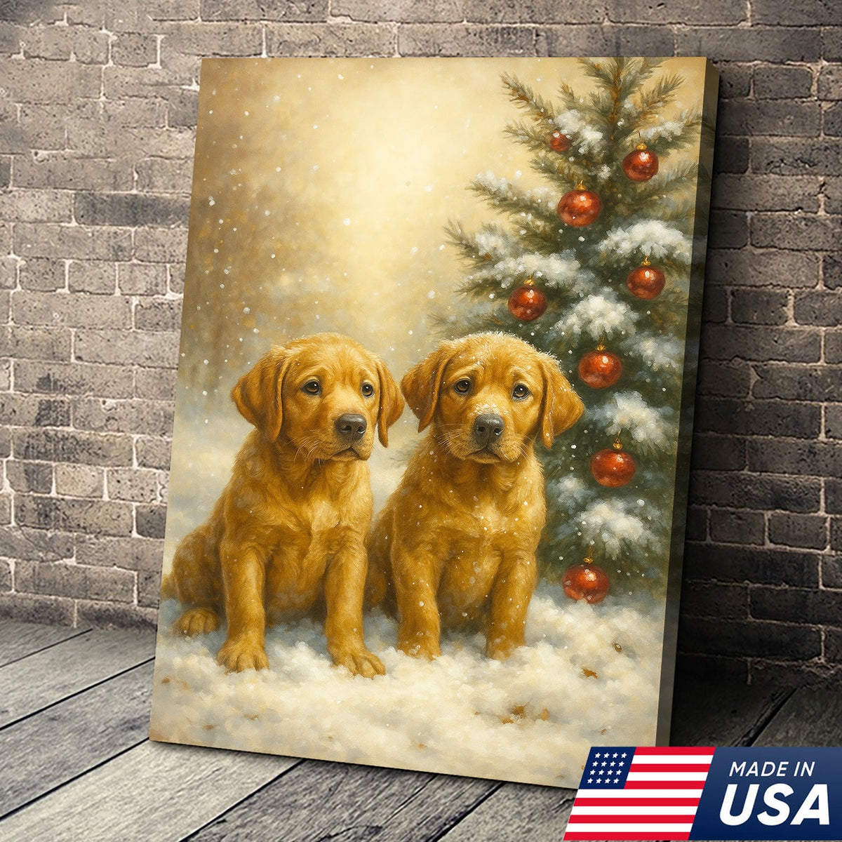 Christmas Golden Puppies Canvas Wall Art – Cute Labrador Dog Holiday Canvas Print