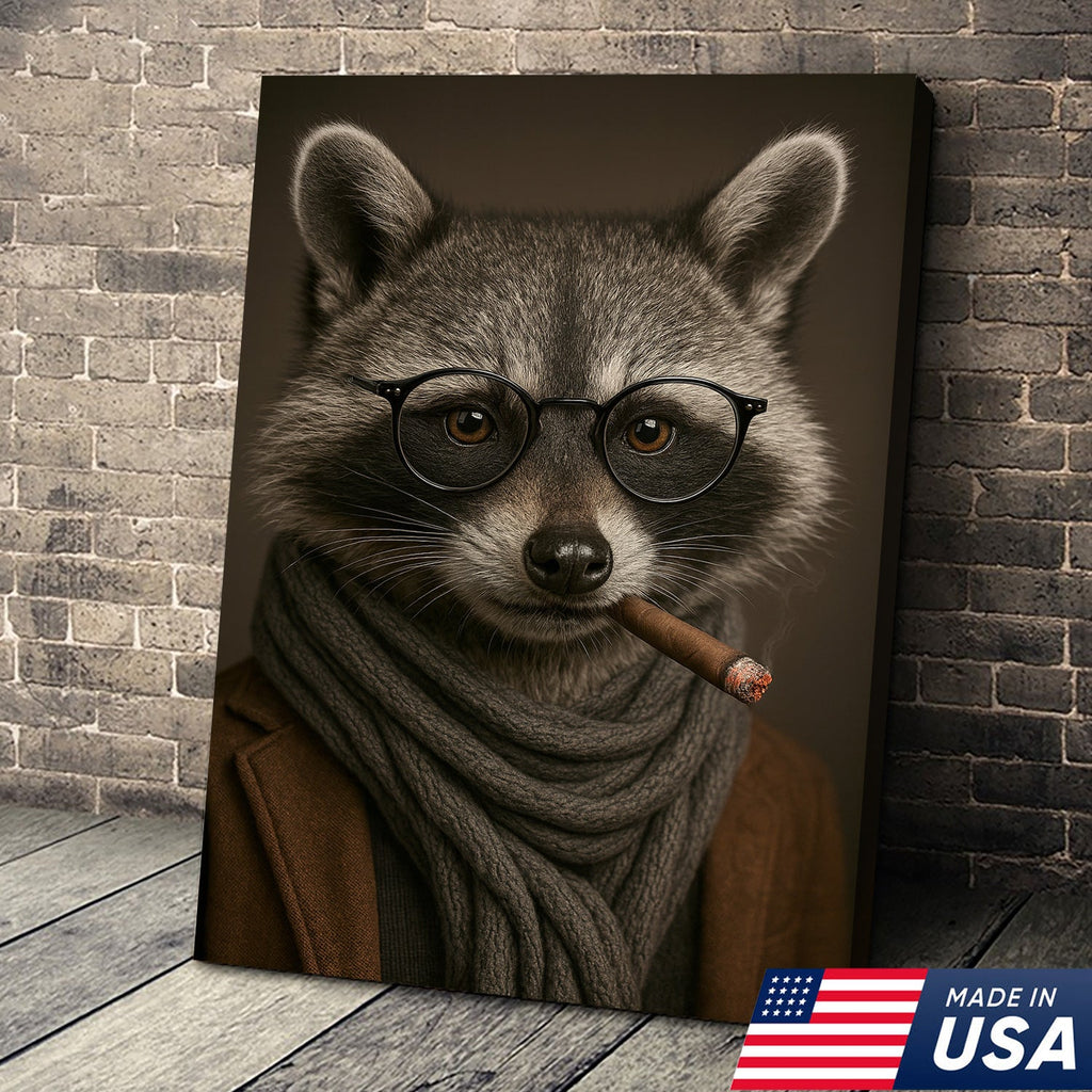 Gentleman Raccoon Cigar Wall Art Canvas – Stylish Animal Portrait for Bar
