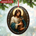 Custom Jesus Holding Deer Christmas Ornament, Personalized Name Christian Tree Decoration, Religious Woodland Gift for Faith Family