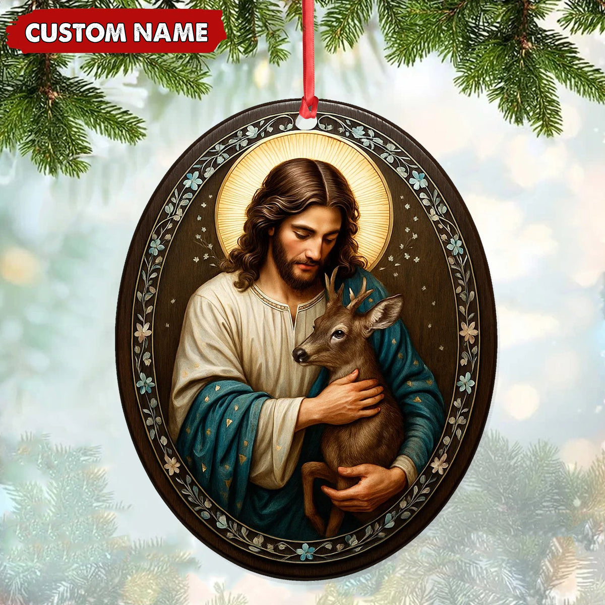 Custom Jesus Holding Deer Christmas Ornament, Personalized Name Christian Tree Decoration, Religious Woodland Gift for Faith Family