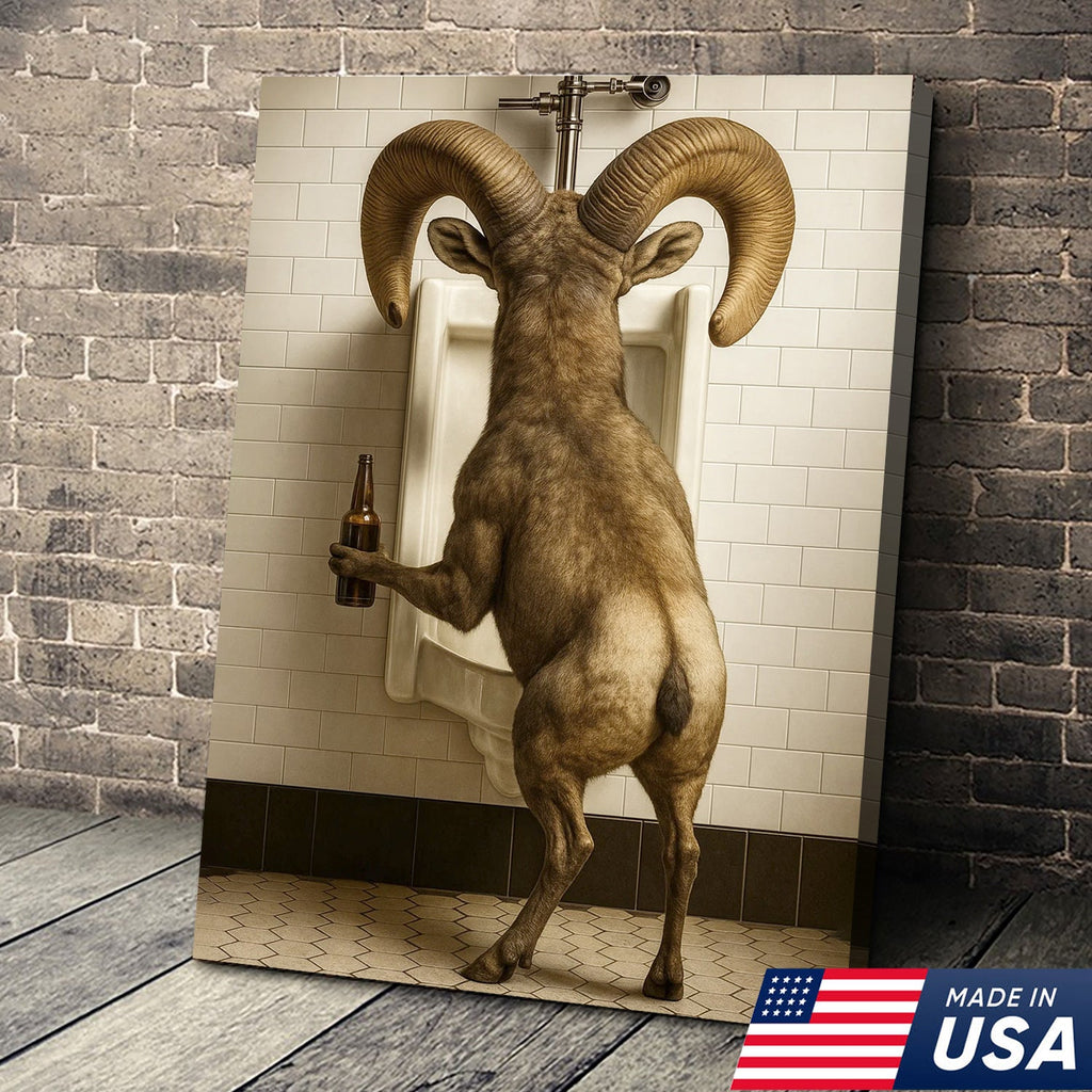 Humorous Big Horn Sheep Canvas Wall Art - Rustic Lodge Bathroom Decor for Cabin and Farmhouse