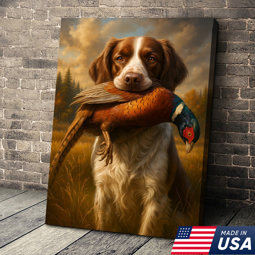 Upland Hunting Dog Canvas Wall Art – Brittany with Pheasant, Rustic Cabin Decor