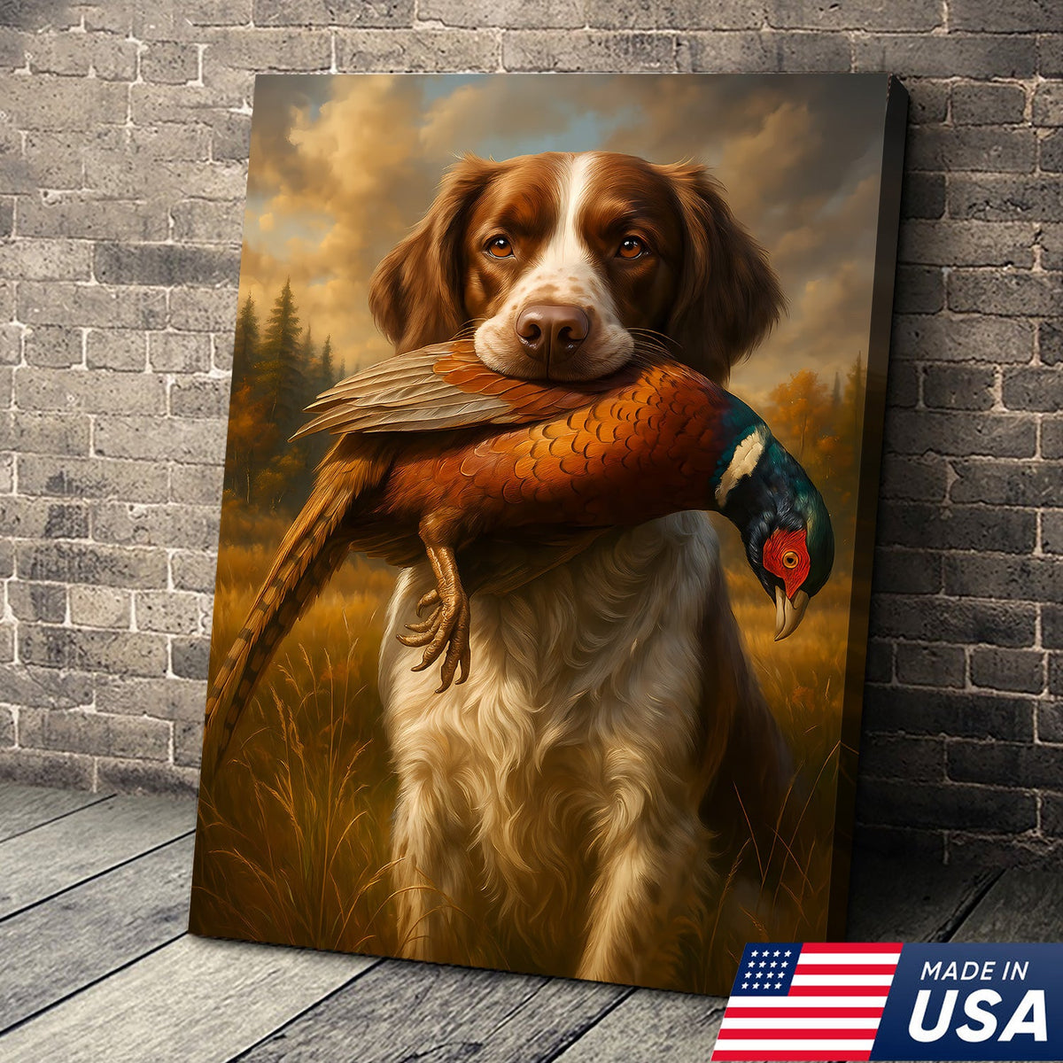 Upland Hunting Dog Canvas Wall Art – Brittany with Pheasant, Rustic Cabin Decor