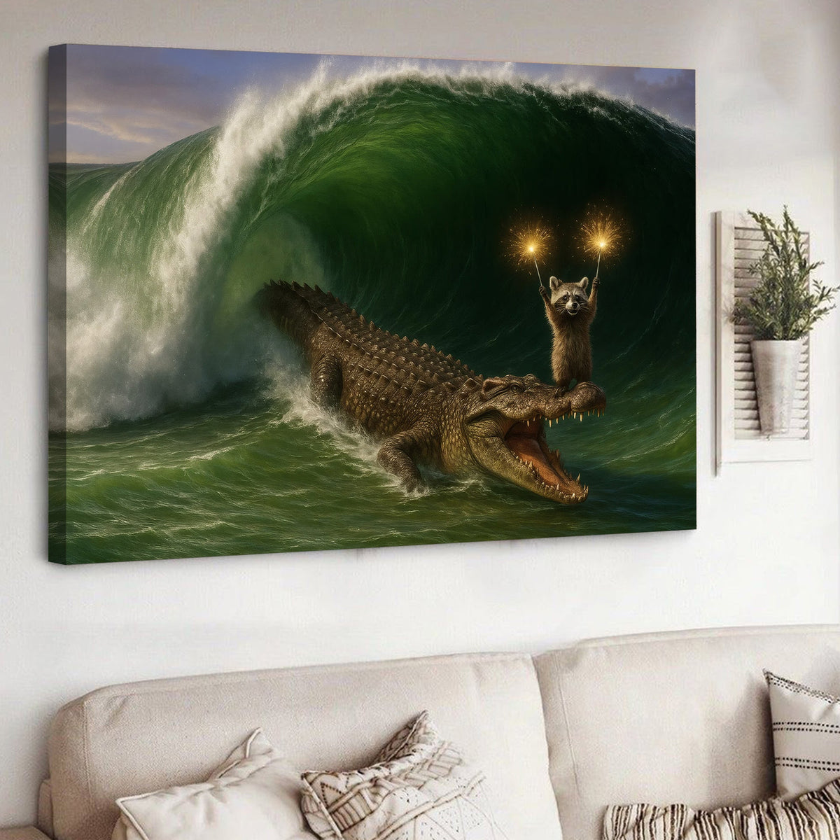 Crocodile Surfing Canvas Wall Art, Raccoon with Sparklers Fantasy Animal