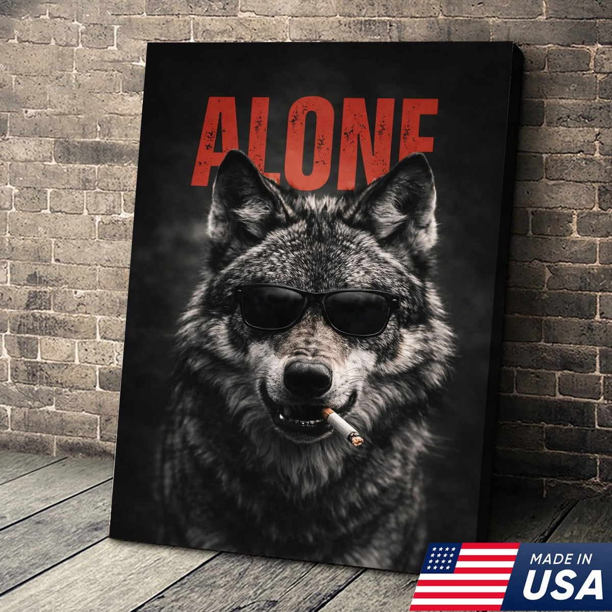 Alpha Lone Wolf Canvas Wall Art, Cool Wolf Portrait with Sunglasses