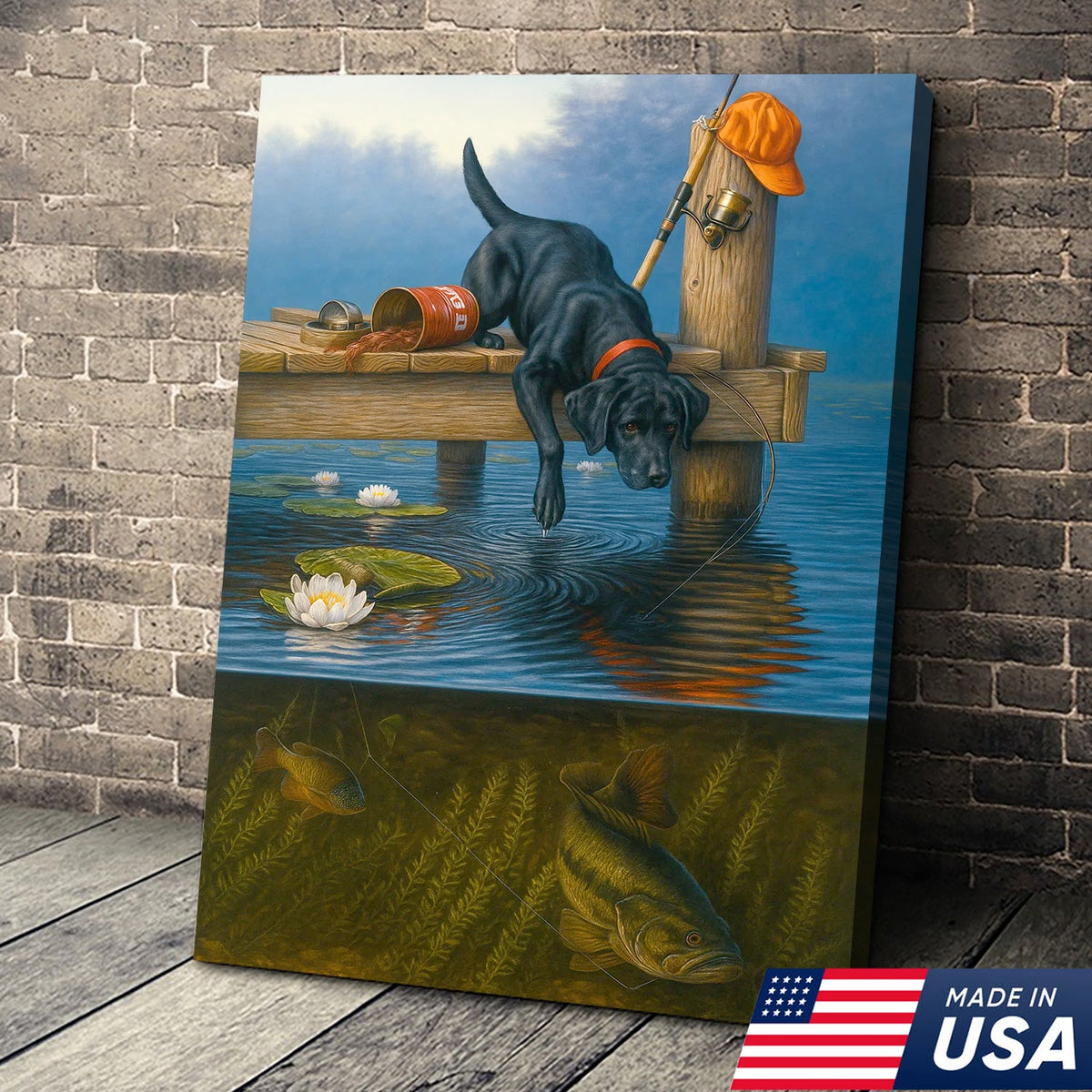 Black Lab Fishing Dock Canvas Wall Art, Lake House Decor, Bass Fish Underwater Split View
