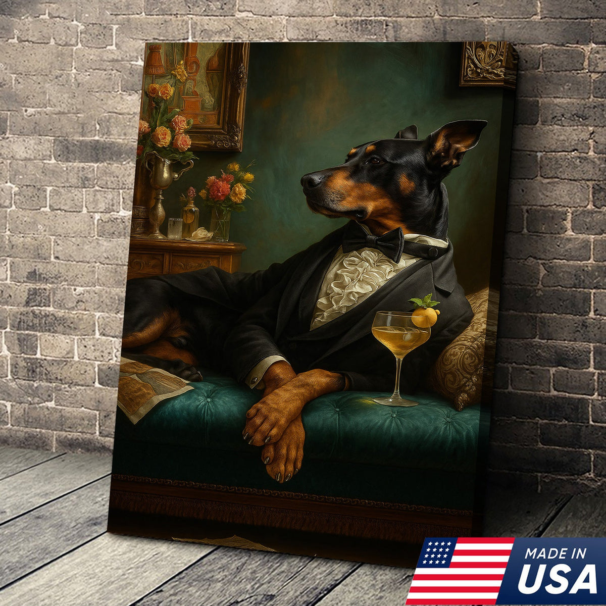 Elegant Doberman Gentleman Wall Art Canvas – Vintage Dog Portrait for Home Bar
