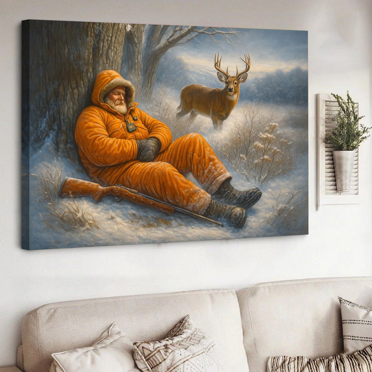 Funny Deer Hunting Canvas Wall Art - Sleeping Hunter Winter Scene - Rustic Lodge and Cabin Decor