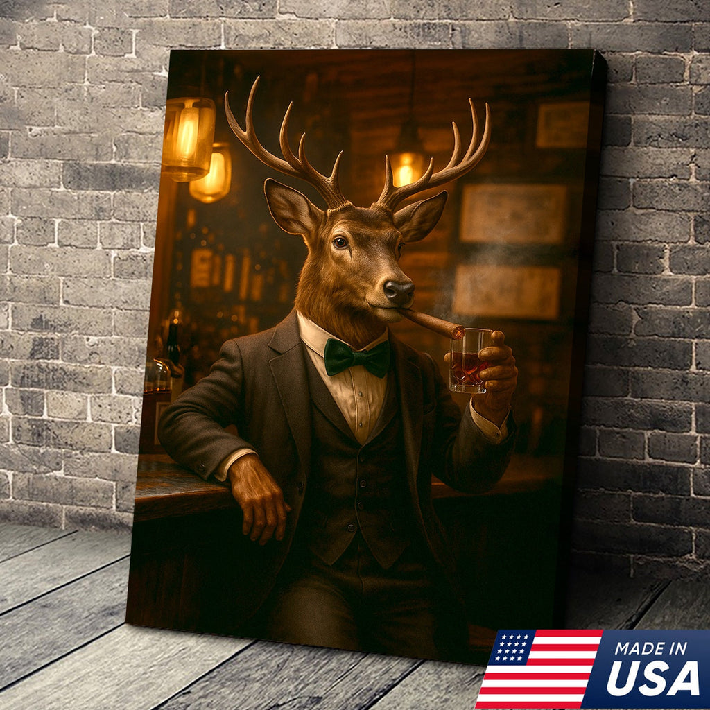 Deer Gentleman Wall Art – Classy Drinking & Smoking Canvas for Bar, Lodge & Man Cave Decor