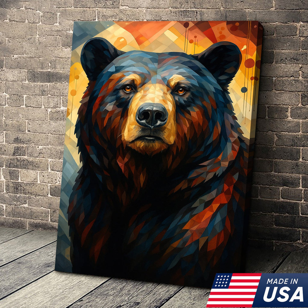 Geometric Bear Portrait Canvas – Modern Rustic Wall Art for Cabin & Man Cave Decor